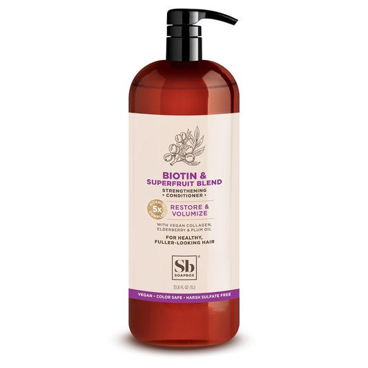 Soapbox Biotin & Collagen Super Fruit Conditioner for Thin, Fine, Thinning Hair | Volumizing & Softening Conditioner to Promote Hair Growth, Strength, Fullness, 1 Liter Pump Bottle