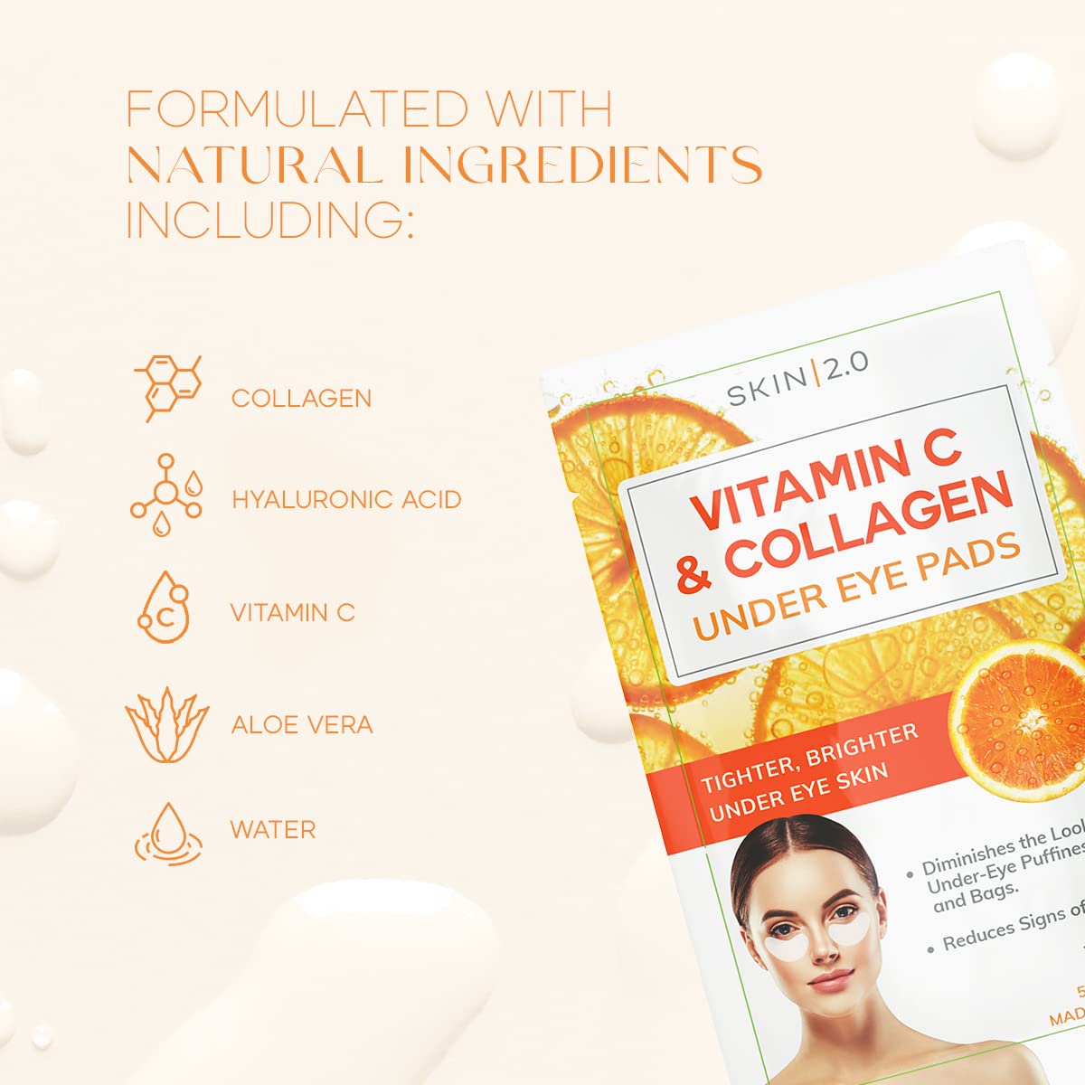 Vitamin C and Collagen Under Eye Patches - Brightens Dark Circles, Tightens Under Eye Skin, Anti-aging & Firming Under Eye Pads - Cruelty Free Korean Skin Care For All Skin Types - 15 Pairs
