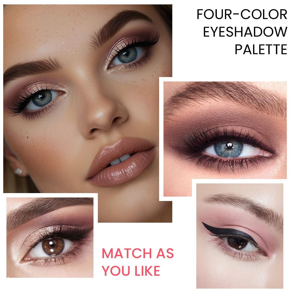 Nude Eyeshadow Quad Palette, Champagne Dusty Pink Plum Mauve Taupe Glitter Metallic Shimmer Matte High Pigment Mini Eyeshadow Eye Shadow Palette Makeup for older Women, Travel Size Built in Mirror