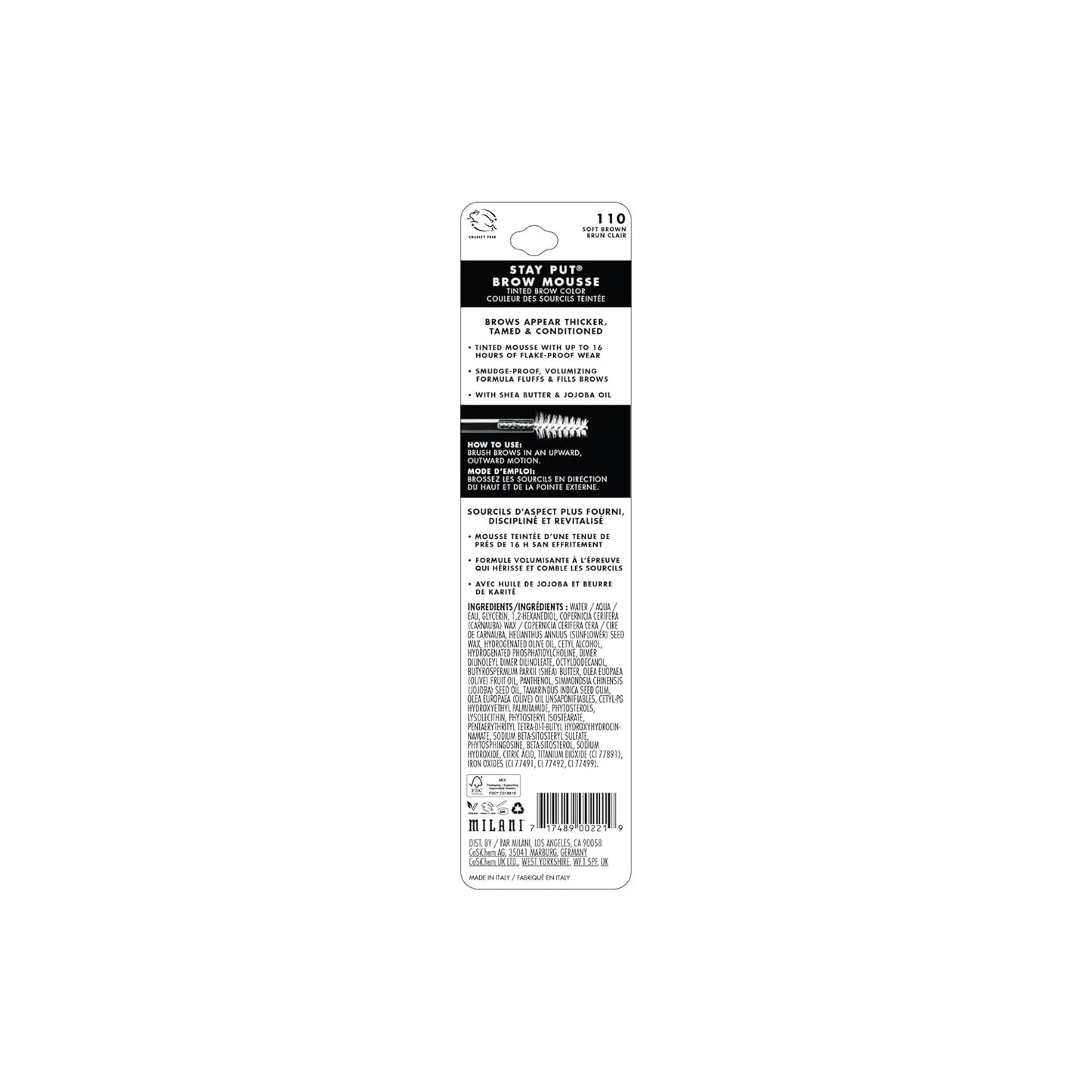Milani Brow Tint- Stay Put Tinted Brow Mousse, Nourishing, High-Pigment infused with Shea Butter, Jojoba Seed Oil & Panthenol Vitamin B5 - Soft Brown