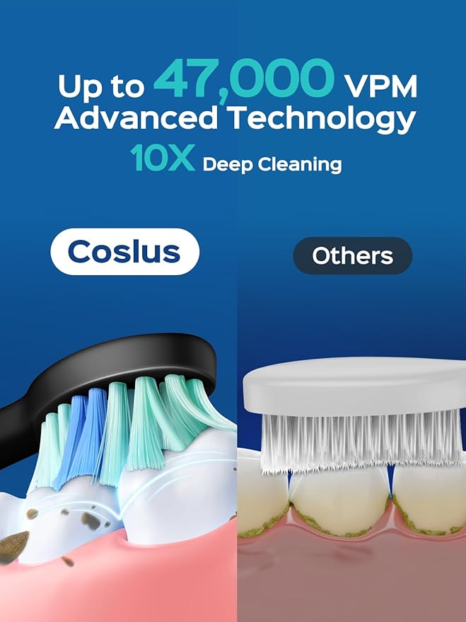 COSLUS C40 Sonic Electric Toothbrush for Adults: 47000 VPM for Deep Cleaning & Whitening with Travel Case - 5 Modes for Sensitive Teeth & Braces, Wireless Charging, 6 Brush Heads, Black & Green (2PCS)