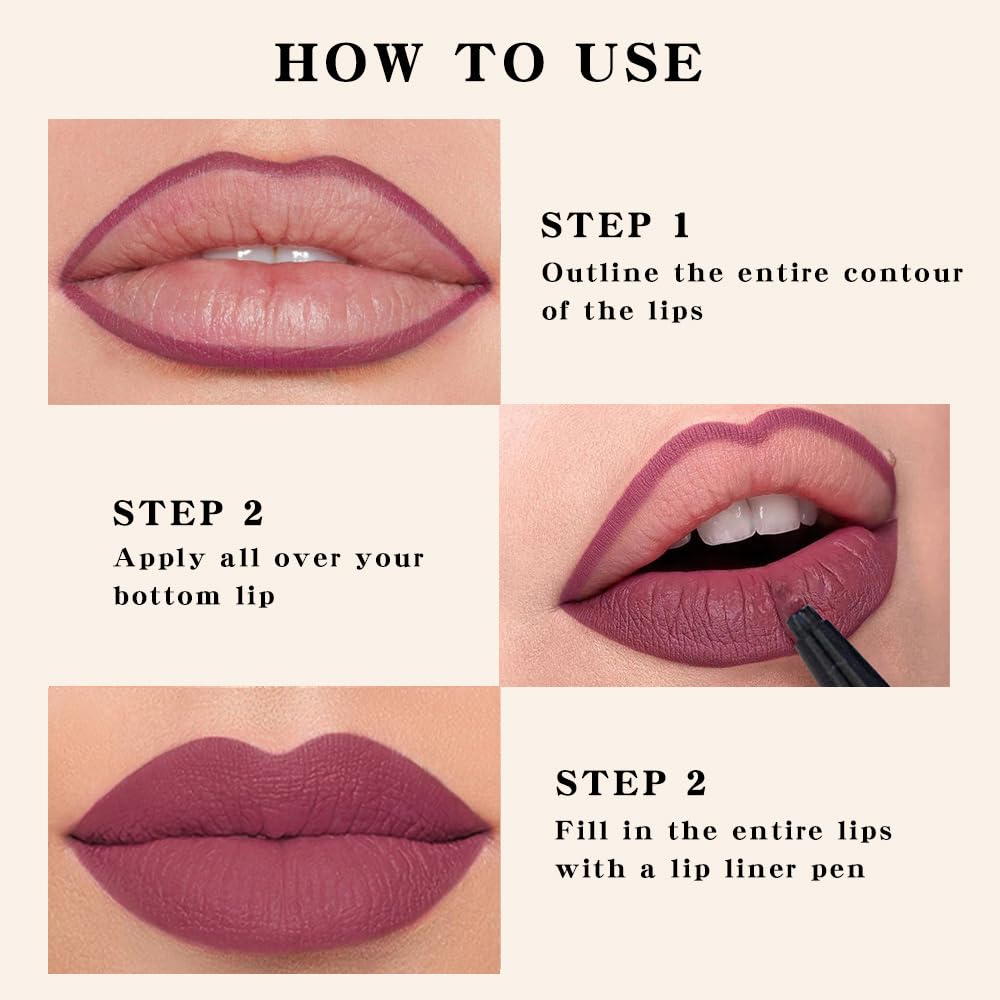 evpct Longwear Liquid Lip Liner Stain Marker Pen Long Lasting Waterproof, Mauve Red Matte Semi Permanent 24 Hour Lip Liner and Lipstick Combo, Korean Color Stay Lipliner All Day, Lips Stain peel off