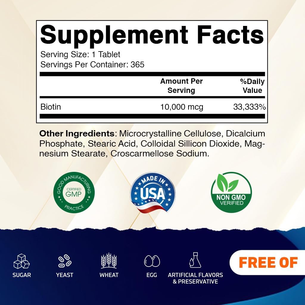 Vitamatic Biotin 10,000 mcg (10 mg) for Stronger Hair, Skin & Nails - 365 Vegan Tablets- Also Called Vitamin B7