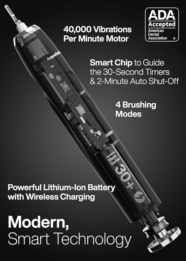 Aquasonic Black Series Ultra Whitening Toothbrush – ADA Accepted Electric Toothbrush- 8 Brush Heads & Travel Case – 40,000 VPM Electric Motor & Wireless Charging - 4 Modes w Smart Timer