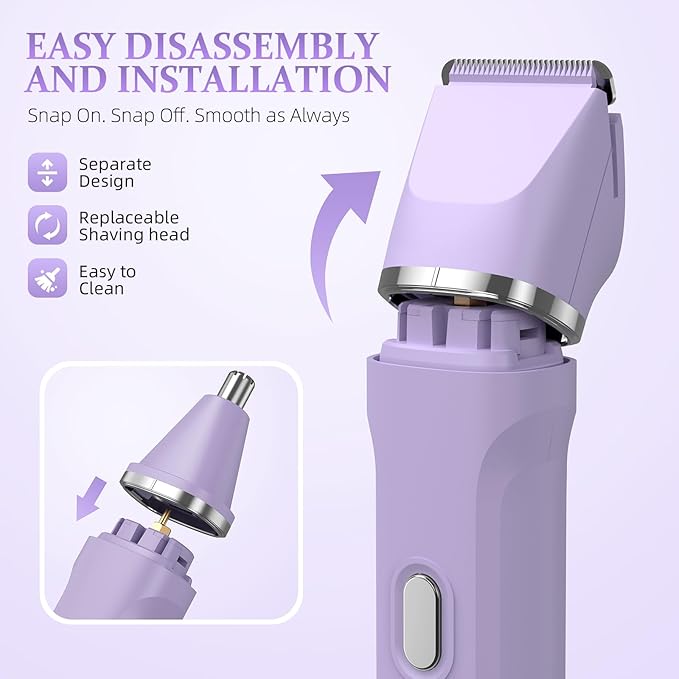 5-in-1 Bikini Trimmer for Women, IPX7 Waterproof Electric Razors Shaver, Cordless Body Hair Trimmer, Facial & Pubic Hair Removal, Ceramic Blade (Purple)