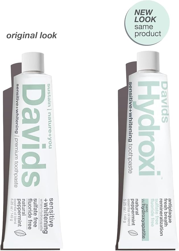 Davids Hydroxi Fluoride Free Nano Hydroxyapatite Toothpaste for Remineralizing, Sensitive Support, Whitening, Antiplaque, SLS Free, Natural Peppermint, 5.25oz, Made in USA (3 Pack)