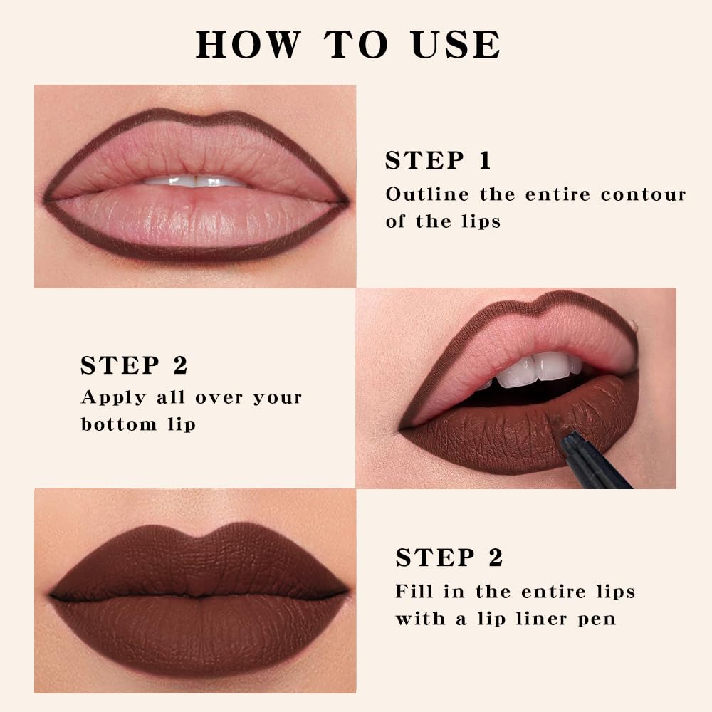 Longwear Liquid Lip Liner Stain Marker Pen Long Lasting Waterproof, Chocolate Cocoa Dark Red Brown Matte Semi Permanent 24 Hour Lip Liner and Lipstick Combo, Color Stay Lipliner Lips Stain peel off 11