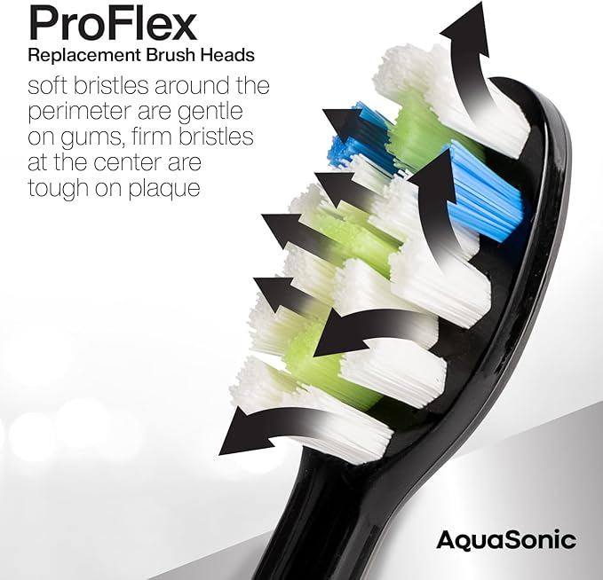 AquaSonic Genuine Proflex Replacement Brush Heads | ADA Accepted | for Whiter Teeth & Gum Care | Compatible with Many AquaSonic Toothbrush Handles (3 Pack Black)