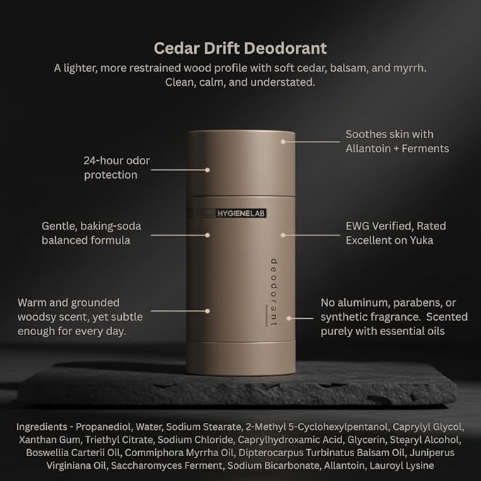HygieneLab Men's Deodorant-Aluminum-Free, EWG Verified, Non-Toxic, Powered by Essential Oils, Non-Toxic Odor Protection for Sensitive Skin, Cedar Drift Scent