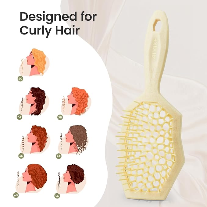 AIMIKE Glacier Detangling Brush, Pain-Free Detangler Brush for Curly Hair Wet & Dry Use, Glide Through Tangles with Ease, Vented Hair Brush for Women's 2c to 4c Curls, Cream Yellow