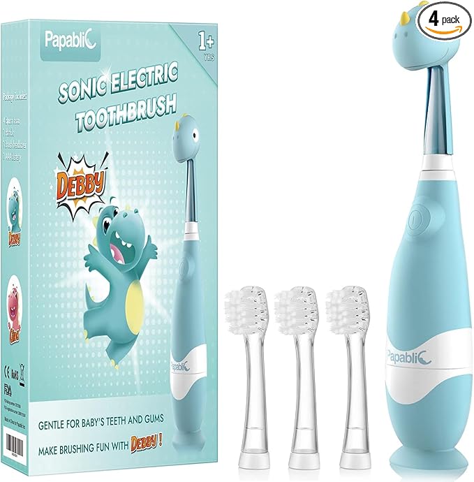 Papablic Toddler Sonic Electric Toothbrush Kids for Ages 1-3 Years, Baby Electric Toothbrush with Cute Dino Cover and Smart LED Timer, 4 Brush Heads (Debby)