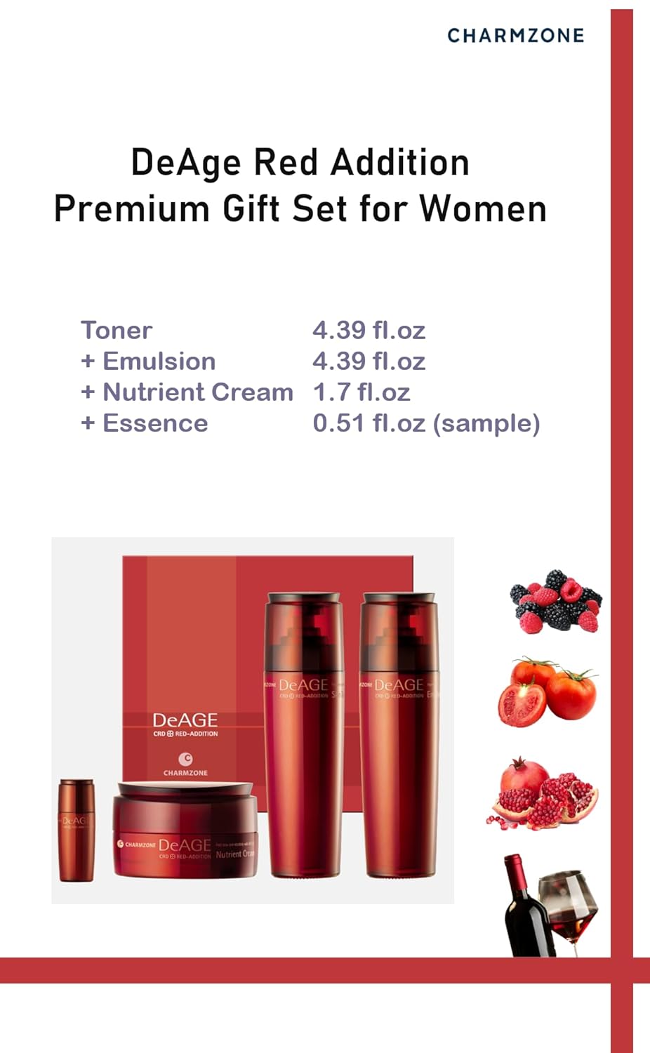 CHARMZONE DeAge Red Addition Set of 3, Red Wine Anti-aging Korean skin care routine Hydrating Nourishing (10.98 fl.oz)