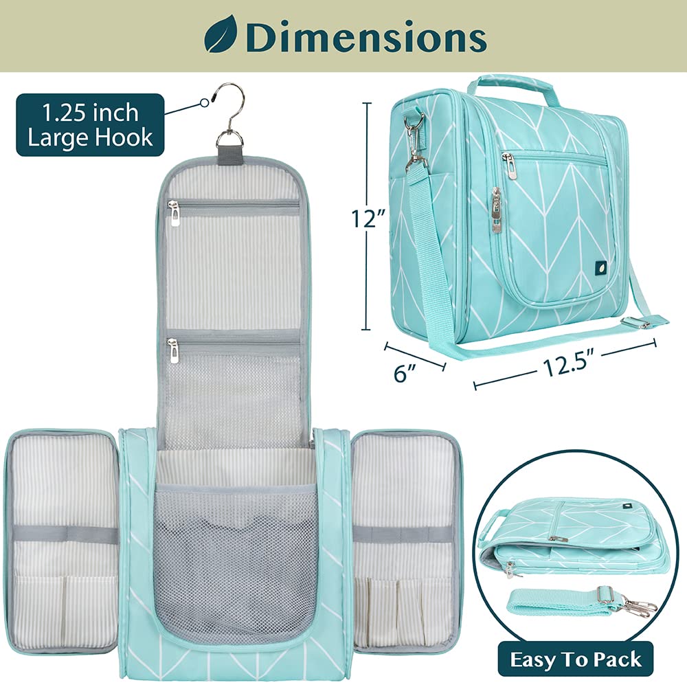 PAVILIA Extra Large Toiletry Bag Travel Bag for Women Men, Hanging Cosmetic Organizer, Water Resistant Makeup Bag for Accessories Toiletries, Travel Essentials Kit (Teal Chevron)