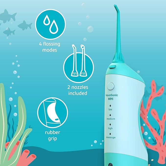 AquaSonic Kids' Water Flosser for Ages 6+ | Standard Nozzle, Orthodontic Nozzle & Waterproof Stickers | 4 Flossing Modes | Aquarium Adventures Theme (Blue)