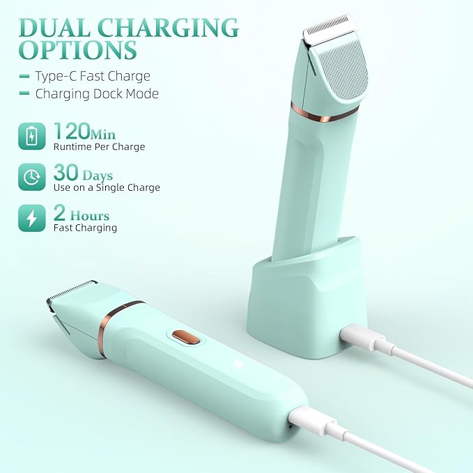 5-in-1 Bikini Trimmer for Women, IPX7 Waterproof Electric Razors Shaver, Cordless Body Hair Trimmer, Facial & Pubic Hair Removal, Ceramic Blade (Pure Green)