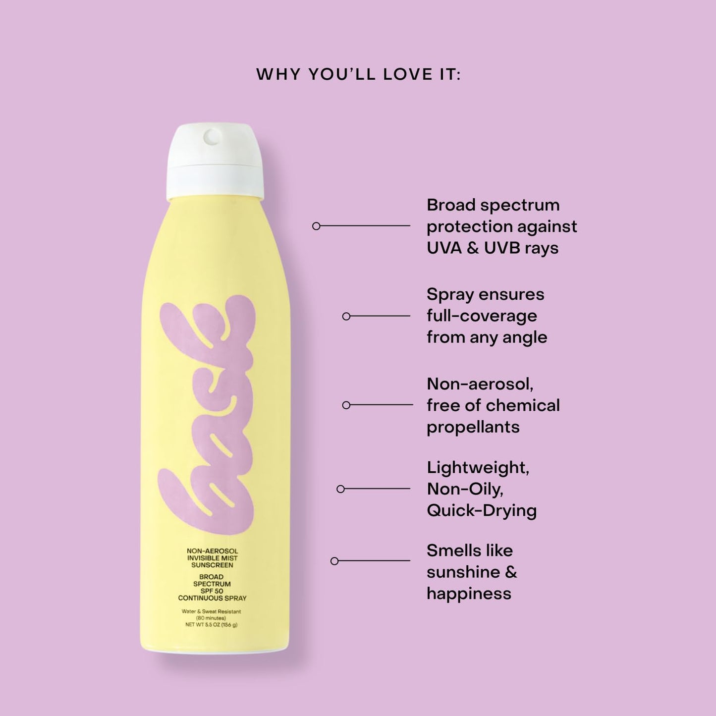 Bask Suncare SPF 50 Sunscreen Spray - Non-Aerosol, Broad Spectrum UVA/UVB Protection, Dermatologist Recommended, Moisturizing, Lightweight & Fast-Absorbing, 5.5 oz