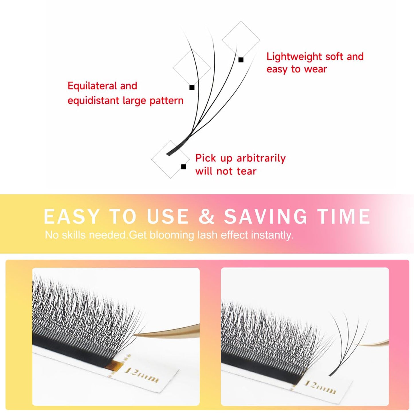 W Lash Extensions Supplies 4D Eyelash Extensions W Shape 0.07mm Thickness D Curl 15mm Premade Fans Easy Fan Lashes Volume Matte Black 12 Rows Crisscross Eye Lashes(W-4D-0.07-D,15mm)
