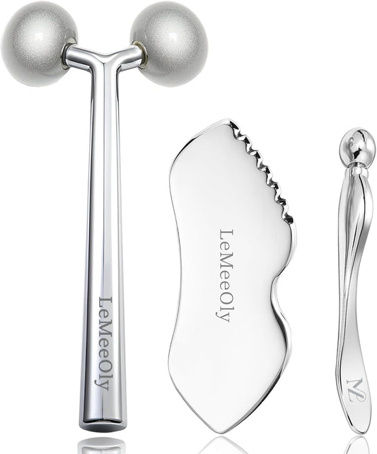 Face Roller Massager Skin & Gua Sha Facial Tools Stainless Steel, Facial Massage Skin Care for Face Neck Body, Reduce Puffiness Remove Wrinkles, Valentines Gift for Women