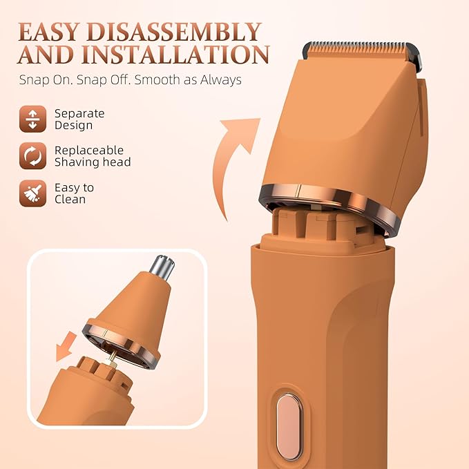 5-in-1 Bikini Trimmer for Women, IPX7 Waterproof Electric Razors Shaver, Cordless Body Hair Trimmer, Facial & Pubic Hair Removal, Ceramic Blade (Pure Orange)