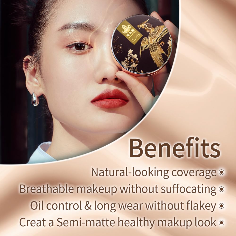 Catkin Phoenix Cushion Foundation Buildable Coverage Anti-Aging Serum Makeup, Sheer Satin Finish, Refill Included, Light Beige 0.46 Oz x 2, C02 IVORY