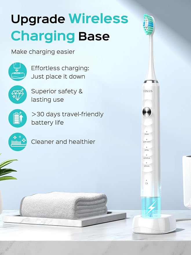COSLUS Sonic Electric Toothbrush for Kids & Adults C40(DY-108Pro): 47000 VPM for Deep Cleaning with Travel Case - 5 Modes for Sensitive Teeth & Braces, Wireless Charging, 6 Brush Heads, White (1PC)
