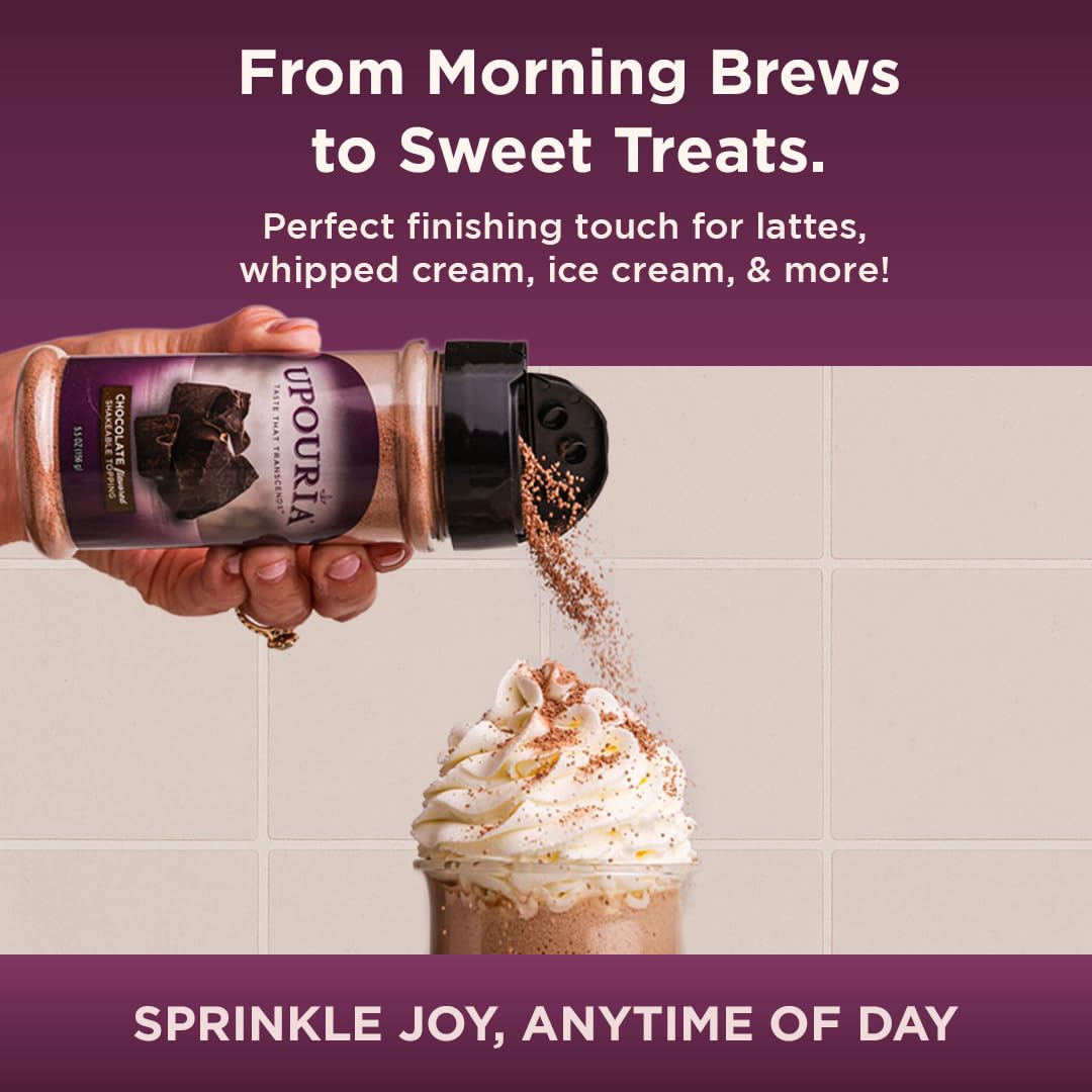 Upouria Chocolate Flavored Shakable Topping for Coffee, Lattes, Desserts, Gourmet Cocoa Taste, 5.5oz