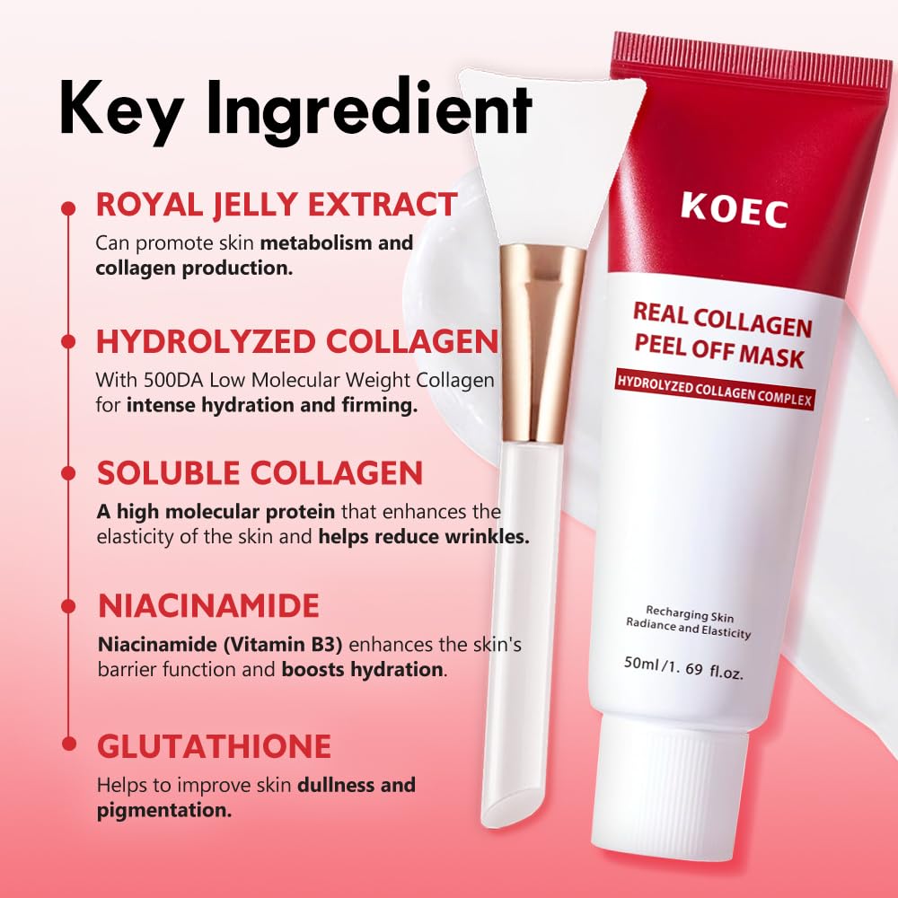 Real Collagen Peel Off Face Mask Collagen Overnight Wrapping Facial Mask,Deep Hydrating,Restores Elasticity,and Refine Pores,Hydrolyzed Collagen with 500 DA for Glass Glow Skin,1.69 fl.oz