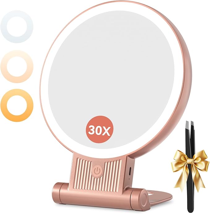 1X/30X Magnifying Mirror with Light, Double Sided Makeup Mirror with Adjustable 3 Color Light, 2000mAh Rechargeable Lighted Magnifying Mirrors with Tweezer, Foldable Travel Mirror with Rotation