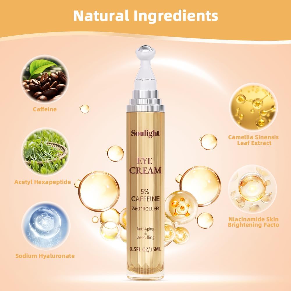 5% Caffeine Eye Serum Anti Aging, Eye Cream Reduce Dark Circles, Puffiness, Fine Lines, Wrinkles, Hyaluronic Acid Niacinamide Eye Moisturizer with 360° Massage Ball, Eye Balm for Men& Women