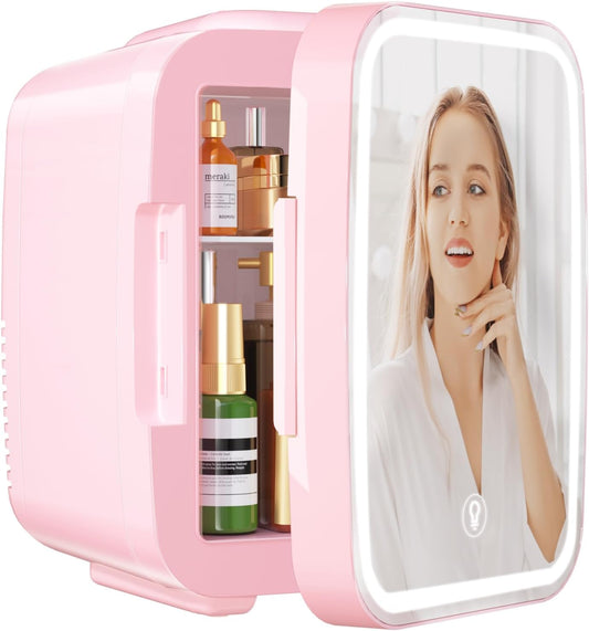 YASHE Skincare Fridge Mini Fridge for Bedroom with Dimmable LED Mirror, 4Liter/6 Cans Cooler and Warmer for Makeup, Cosmetic, Beauty, Portable Refrigerator for Bedroom, Vanity, Office and Car- Pink