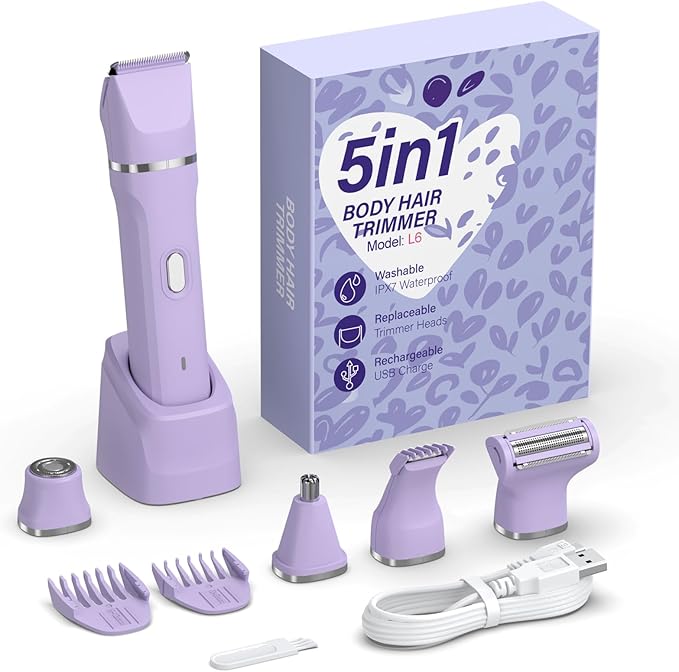 5-in-1 Bikini Trimmer for Women, IPX7 Waterproof Electric Razors Shaver, Cordless Body Hair Trimmer, Facial & Pubic Hair Removal, Ceramic Blade (Purple)