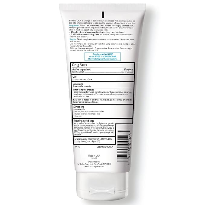 La Roche-Posay Effaclar Medicated Gel Cleanser,2% Salicylic Acid Cleanser + LHA + Glycerin,Foaming Acne Face Wash,Helps Clear & Prevent Acne Breakouts,Oil Free,Targets Excess Oil,(Pack of 2)