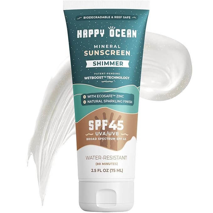 Shimmer Sunscreen SPF 45, Mineral Body Glow with Glitter – Reef Safe Zinc Oxide, Radiant Finish, Face & Body