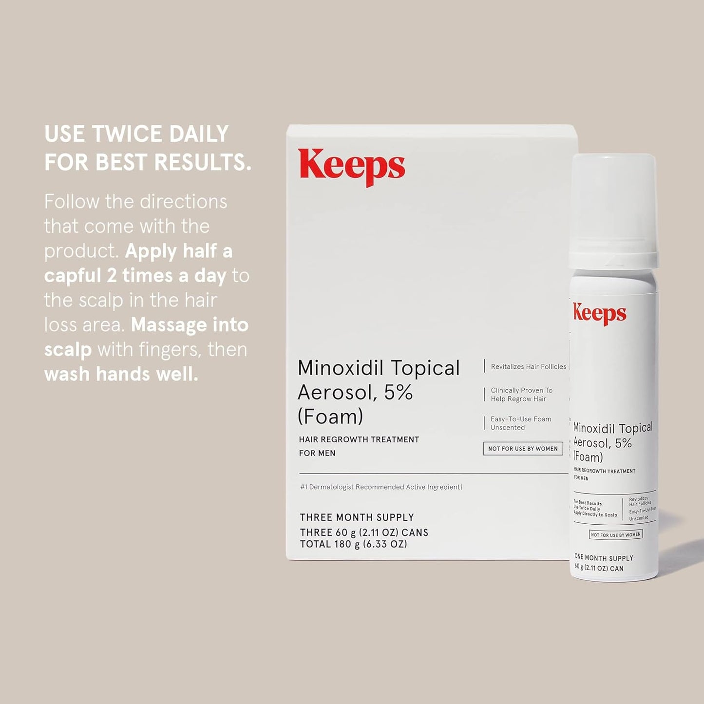 Keeps Extra Strength Minoxidil for Men Topical Aerosol Foam 5%, Hair Growth Treatment - 3 Month Supply (3 x 2.11oz Bottles) - Thicker, Longer Hair - Slows Hair Loss & Promotes Hair Regrowth