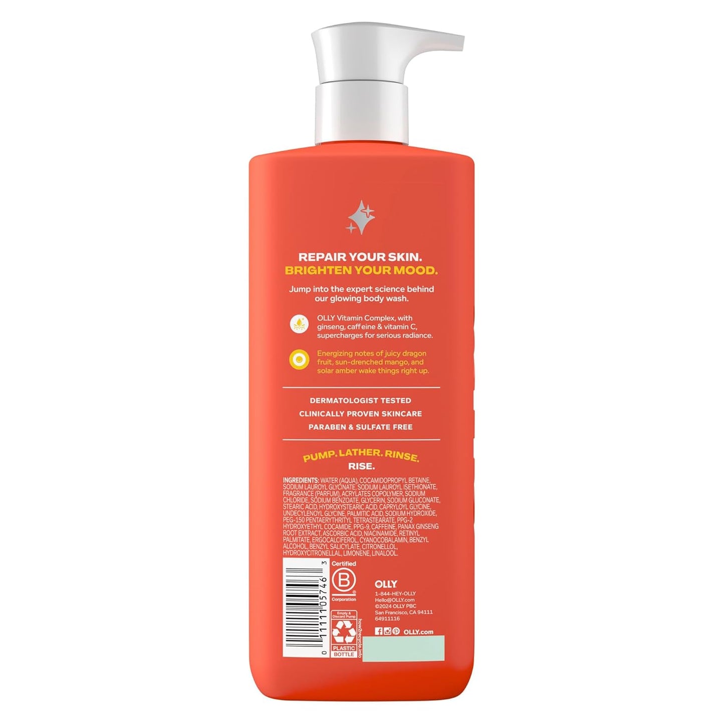 OLLY Bright Body Wash with Ginseng, Caffeine & Vitamin C– Nourishing Cleanser for Skin Barrier Repair, Deep Hydration, Citrus Currant Scent, 17 oz