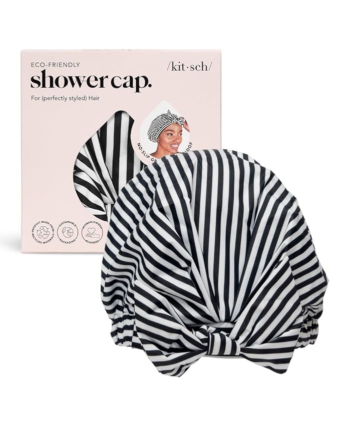 Kitsch Luxury Shower Caps for Women Reusable Waterproof - Large Shower Cap for Women, Non-slip, Quick-dry Hair Cap for Long and Short Hair, Comfortable and Stylish Design - Stripe
