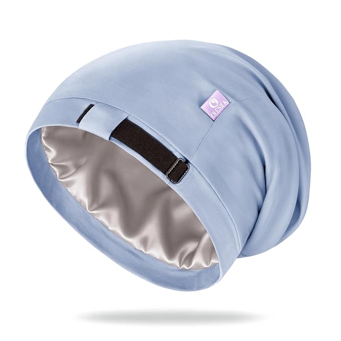 OLESILK Silk Bonnet for Curly and Frizzy Hair, Sleep Cap for Sleeping, Unisex Hair Wrap, Medium, Light Blue