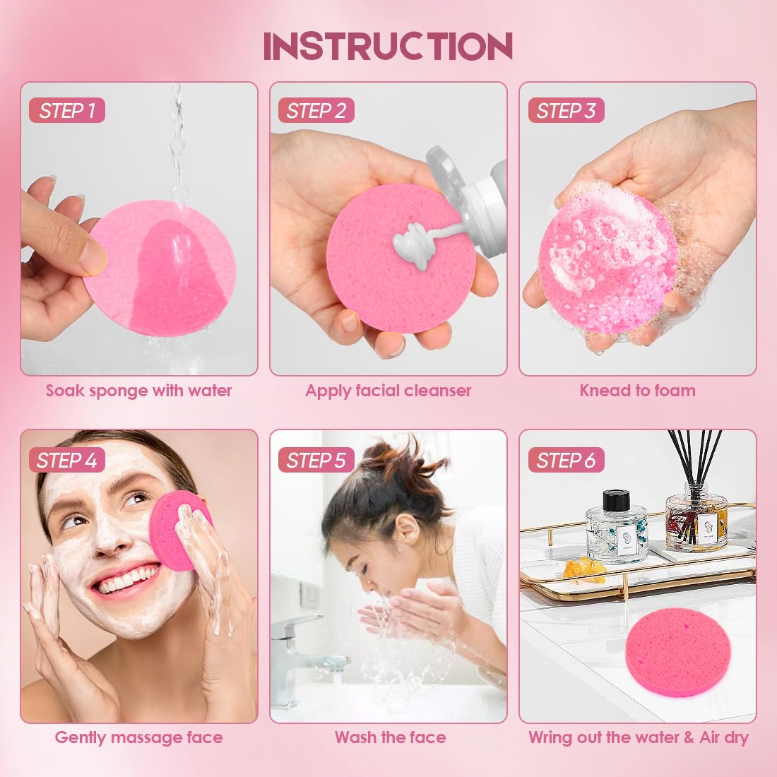 AIDEA 48-Count Compressed Facial Sponges Pink, Face Cleansing Pads, 100% Natural Cellulose Cosmetic Spa Sponges for Facial Cleansing, Exfoliating Pads, Mask Removal, Travel Essentials for Women