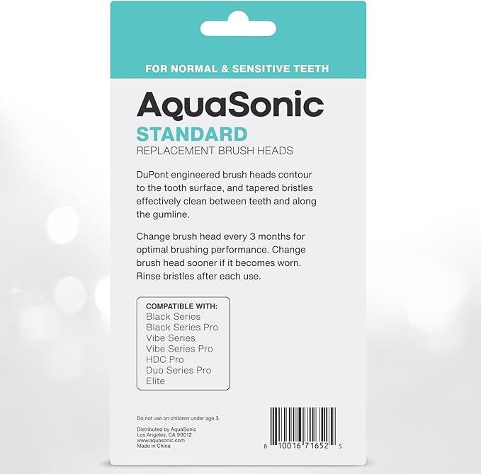 AquaSonic Genuine Standard Replacement Brush Heads | ADA Accepted | for Normal & Sensitive Teeth | Compatible with Many AquaSonic Toothbrush Handles (8 Pack White)