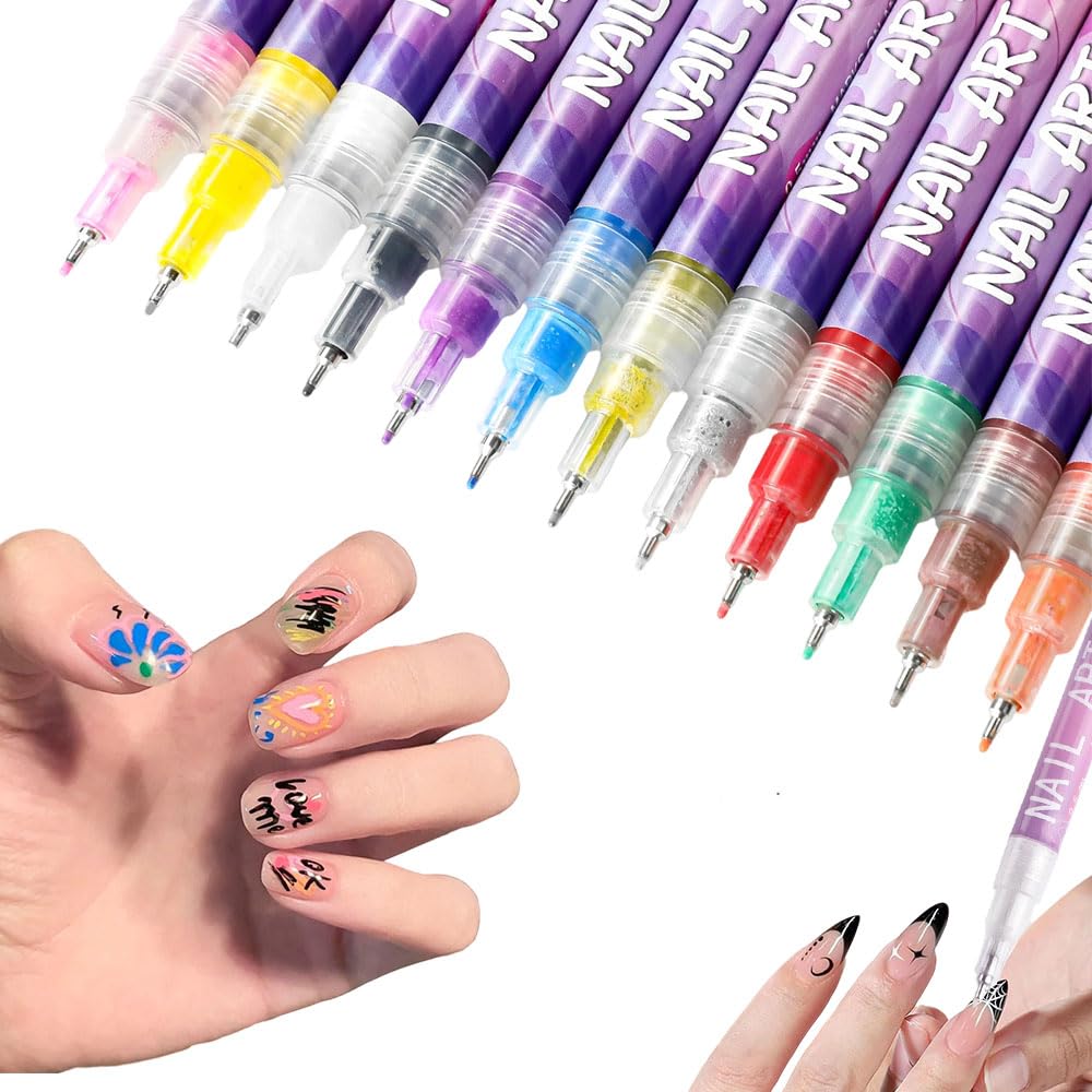 12 Colors Nail Art Pens Set, Nail Art Markers Doodle Pen for Kids Adults, Nail Art Tools for Polishing Dotting Painting Liner DIY (1 Set)