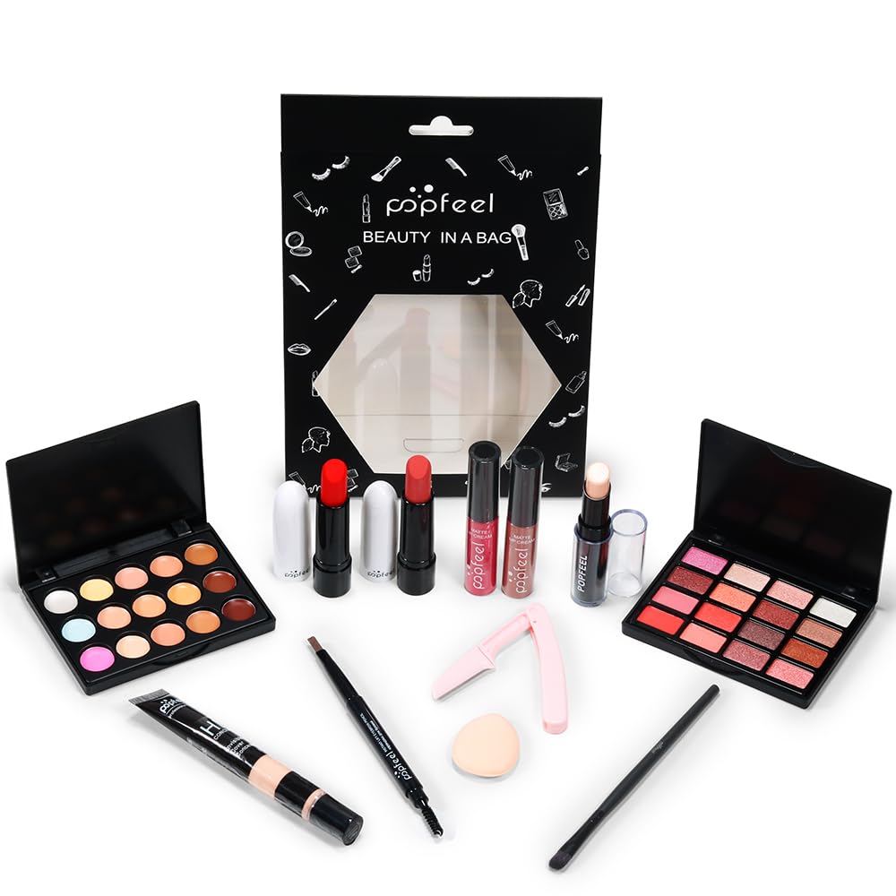 All in One Eyeshadow Palette Makeup Set, Makeup Kit with Earth Tone Eyeshadow Palette, Mascara, Concealer Palette, Lip Gloss,Travel Makeup Bundle Holiday Surprising Makeup Box for Women Girl