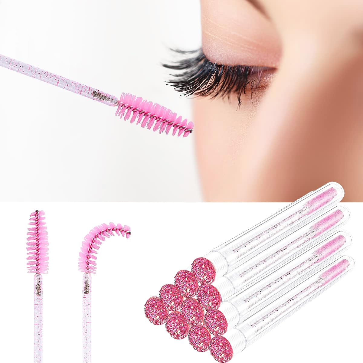 Mascara Wand Brushes Tubes Set-70 Pieces Disposable Eyelash Brushes Replacement with 20 Pieces Empty Container Tubes for Eyelash Extension Lash (Pink Diamond)