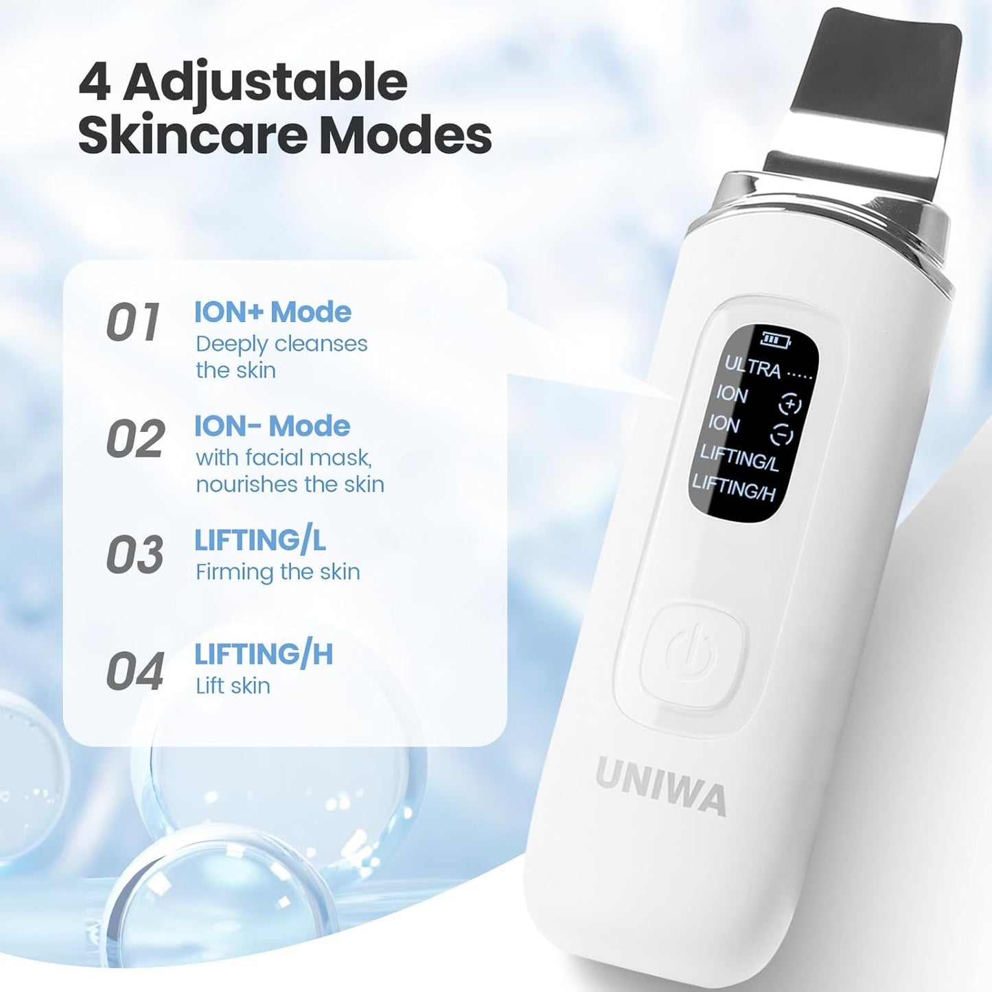 UNIWA Skin Scrubber Face Spatula, Skin Scrubber Pore Cleaner Blackhead Remover Tool for Deep Facial Cleansing - 4 Modes, Face Spatula with USB Charger, LCD Display, IPX7 Waterproof - White