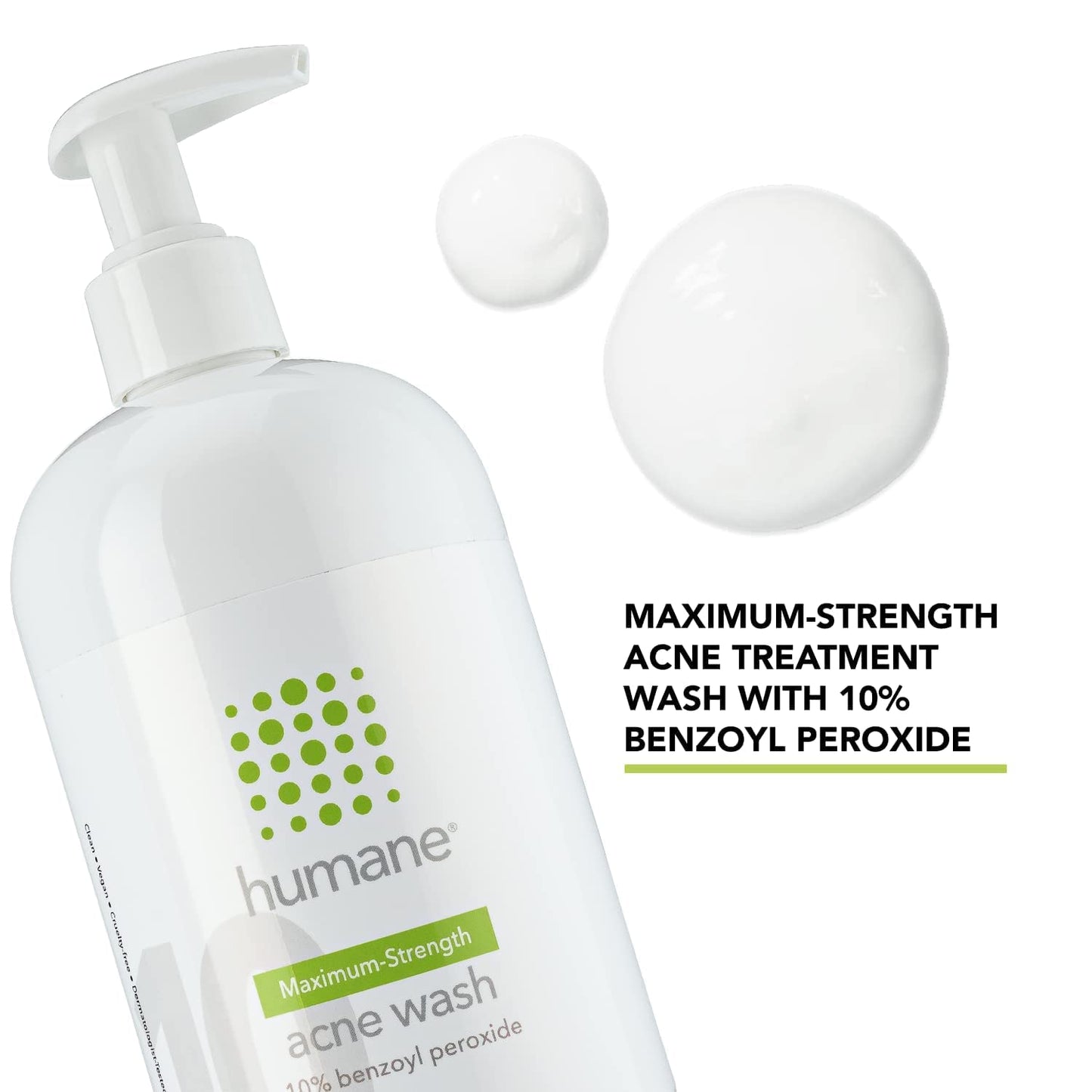 humane Benzoyl Peroxide Acne Body Wash - 10% Maximum-Strength Face, Skin, Butt, and Back Acne Treatment - 16 Fl Oz - Dermatologist-Tested Non-Foaming Acne Face Wash Cleanser - Vegan, Cruelty-Free