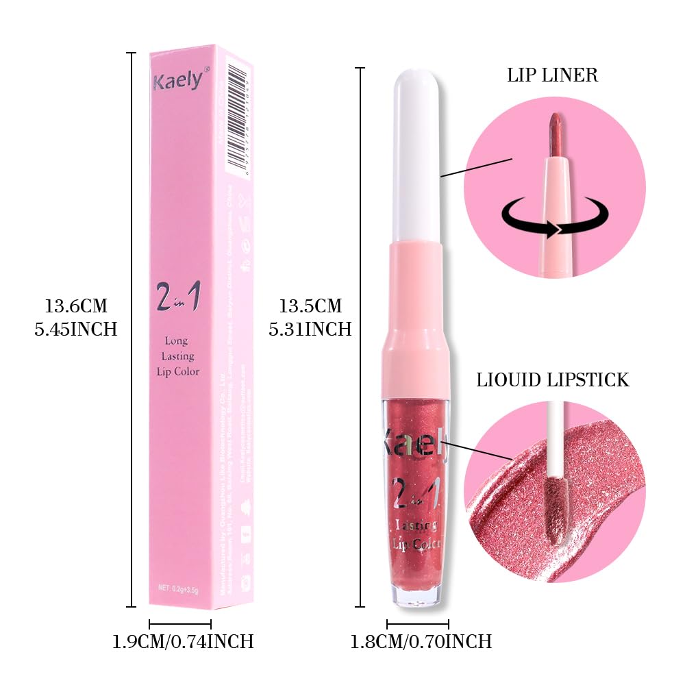 Kaely 2-in-1 Mauve Red Metallic Lipstick and Lip Liner, Shimmer Liquid Metallic Lipsticks for Women, Glitter Lip Gloss Stain Long Lasting Waterproof Smudge Proof 24 Hour, Vegan Makeup, 13