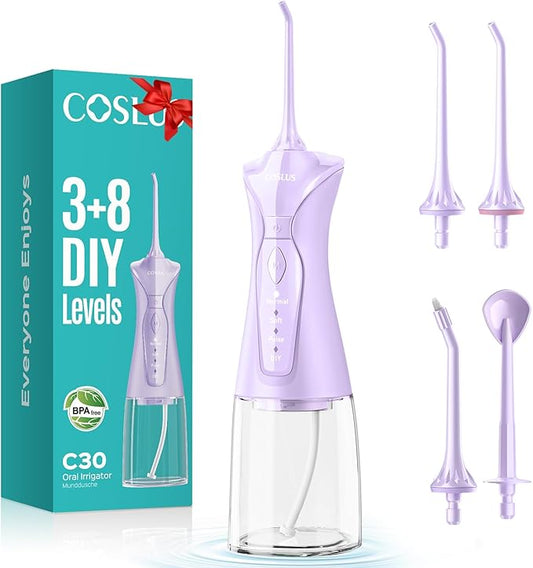 COSLUS Water Dental Flosser Pick for Teeth C30(FC5360): 4 Modes Cordless 300ML Larger Tank Portable Water Teeth Cleaner Picks IPX7 Waterproof Flossing Machine for Home Travel Purple