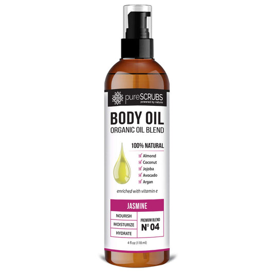 pureSCRUBS Ultra Moisturizing Jasmine Body Oil Spray for Dry Skin, Massage, Cuticles & More - Organic Super Blend of Jojoba, Argan, Coconut, Sweet Almond & Avocado Enriched with Vitamin E, Lg 4oz