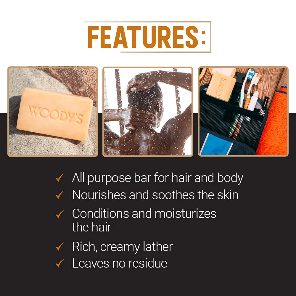 Woody's Hair & Body Shampoo Bar for Men – 2-in-1 Solid Shampoo Bar & Body Wash, Deep Cleansing, Moisturizing, Refreshing Scent, 8 oz, 2 Pack