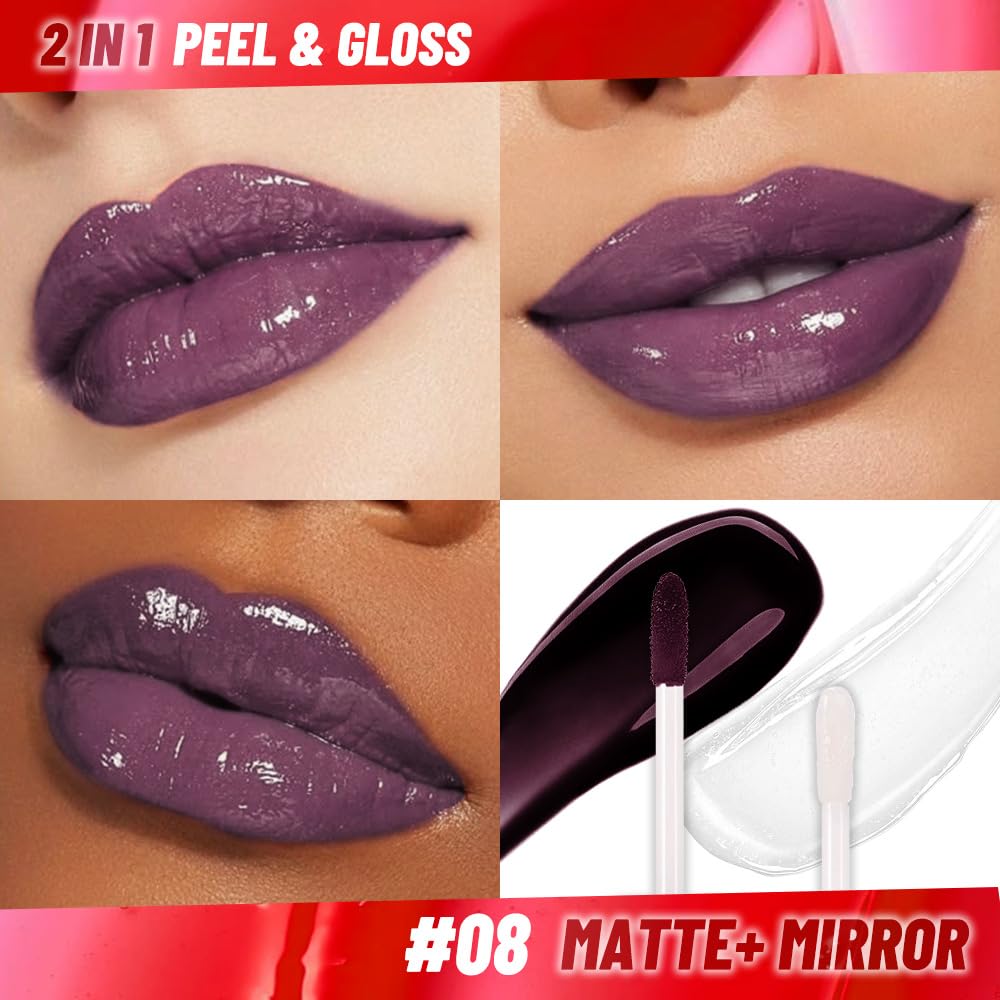 Deep Berry Lip Stain Peel Off Lip liner and Lip oil with Tweezer, Dual-Ended Peel Off Lip Stain Tattoo, Highly Pigmented Long Lasting Waterproof, Transfer-proof for All Skin Types, 08#