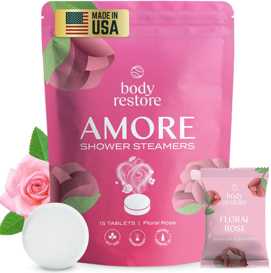 Body Restore Shower Steamers Aromatherapy 15 Pack - Christmas Stocking Stuffers for Men, Birthday Gifts for Women, White Elephant, Relaxation, Self Care - Rose